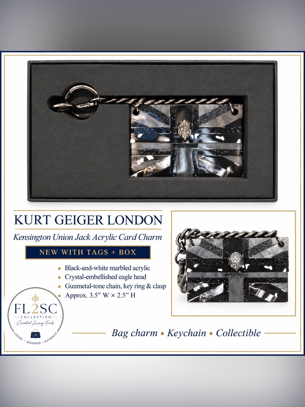 NWT Kurt Geiger Black & White Marbled Union Jack Key Charm